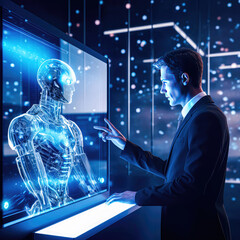 Obraz premium a man looking at AI intelligence Hologram making business deal, Man Using artificial AI in office