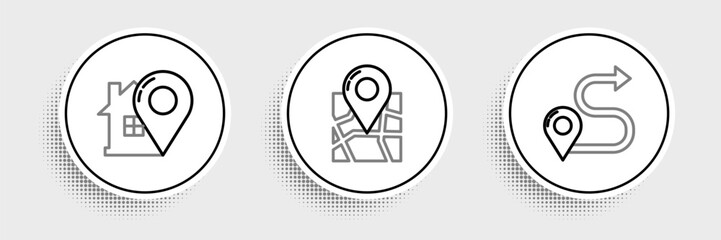 Set line Route location, Map pointer with house and Folded map marker icon. Vector