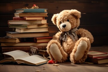 Beautiful original image with a cute teddy bear and books