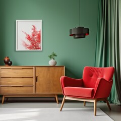 Interior of modern living room with sideboard over green wall. Contemporary room with dresser and red armchair. Home design with curtain