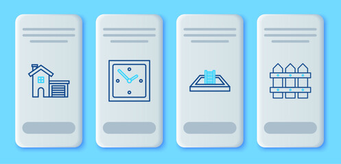 Set line Clock, Swimming pool with ladder, House and Garden fence wooden icon. Vector