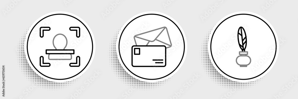 Poster set line feather and inkwell, face recognition and envelope icon. vector