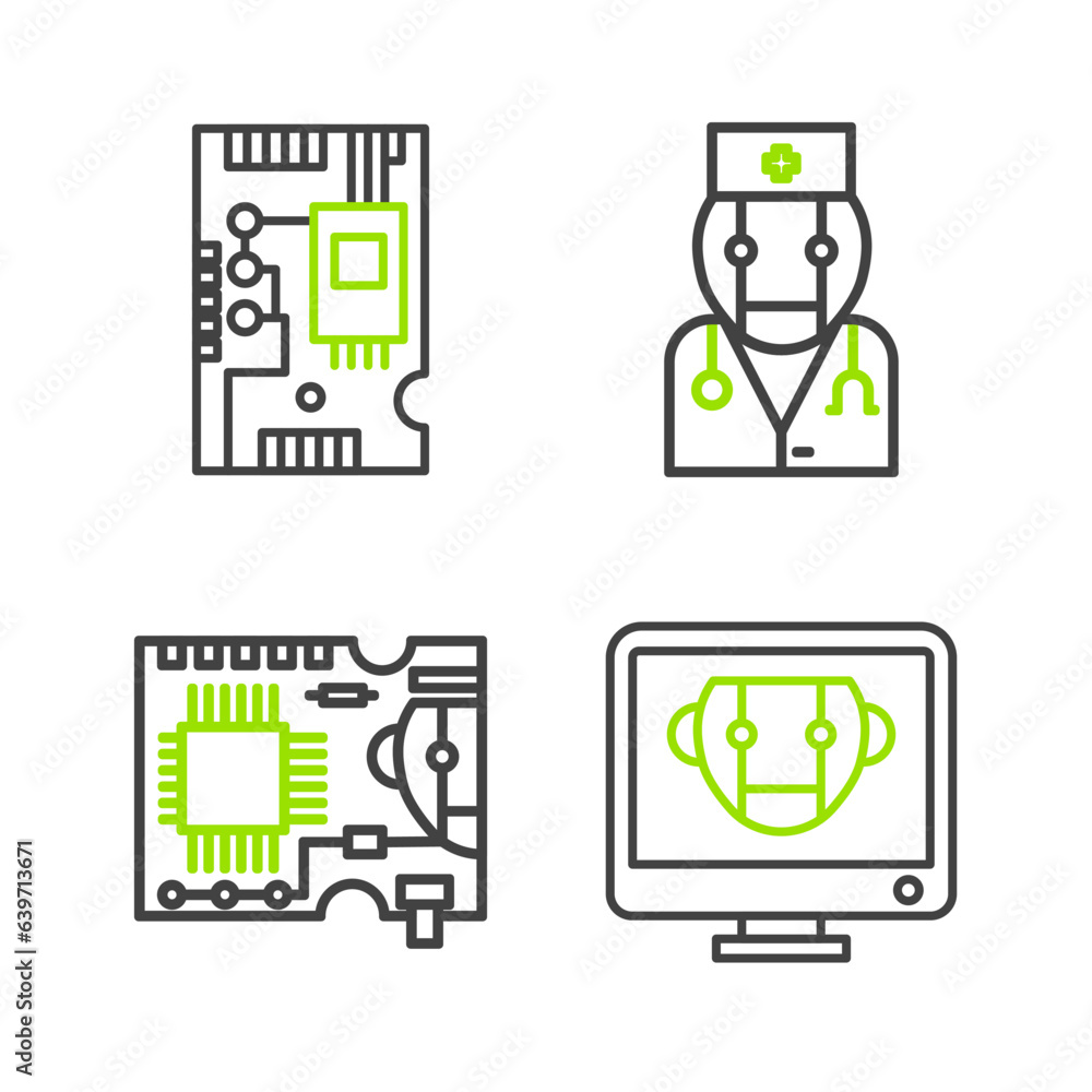 Poster set line bot, printed circuit board pcb, robot doctor and electronic computer components motherboard