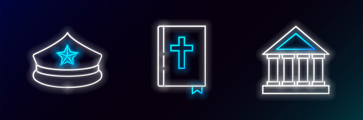 Fototapeta premium Set line Courthouse building, Police cap with cockade and Holy bible book icon. Glowing neon. Vector
