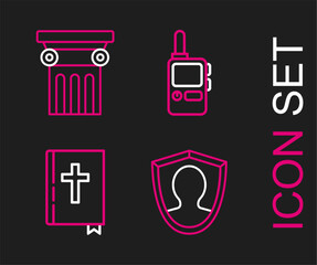 Set line User protection, Holy bible book, Walkie talkie and Law pillar icon. Vector