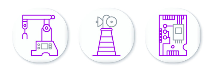 Set line Electronic computer components motherboard digital chip, Assembly line and Antenna icon. Vector