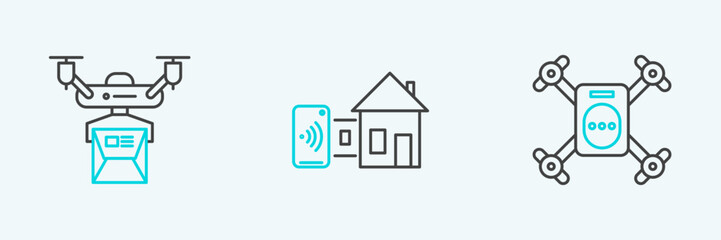 Set line Drone flying with action camera, delivery concept and Smart home icon. Vector