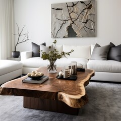 Live edge coffee table and white sofa. Interior design of modern living room