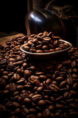 Ripe coffee beans close up..