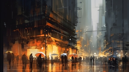 abstract painting of a city with skyscrapers and a tram - generative AI