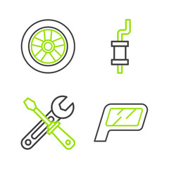 Set line Car mirror, Screwdriver and wrench tools, muffler and wheel icon. Vector