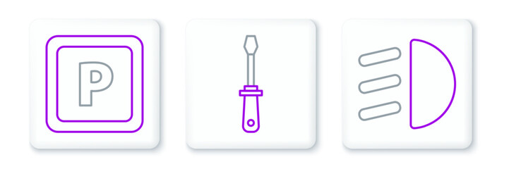 Set line High beam, Parking and Screwdriver icon. Vector