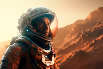 Man on Mars. Cosmonaut in a space suit - obrazy, fototapety, plakaty