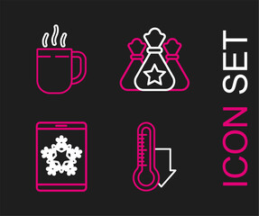 Set line Meteorology thermometer measuring, Christmas on smartphone and snowflake, Santa Claus bag gift and Coffee cup icon. Vector