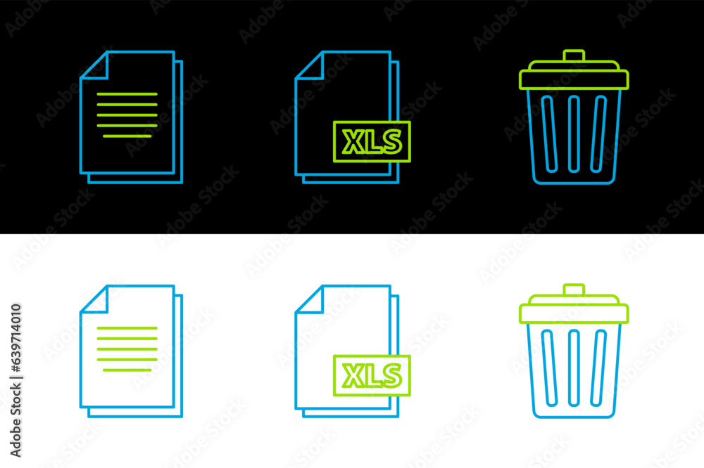 Poster set line trash can, document and xls file document icon. vector