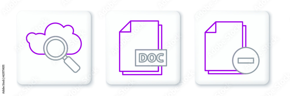 Poster Set line Document with minus, Search cloud computing and DOC file document icon. Vector