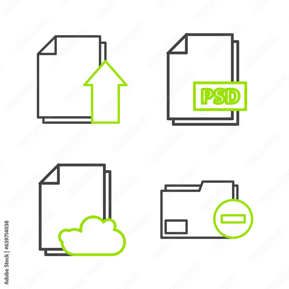 Poster set line document folder with minus, cloud storage text document, psd file and upload icon. vector