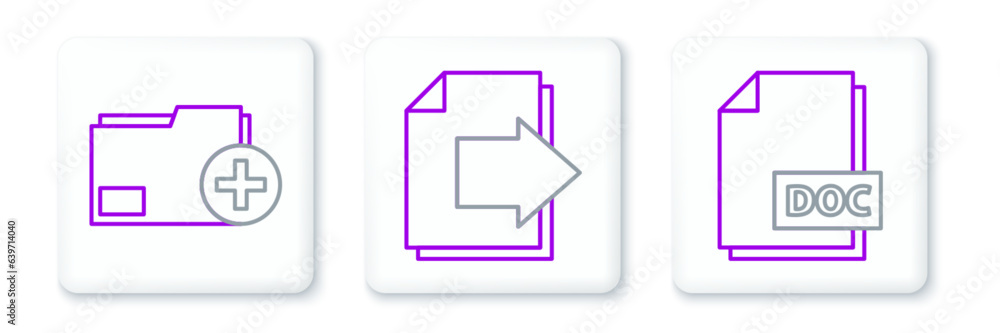 Poster set line doc file document, add new folder and next page arrow icon. vector