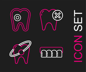 Fototapeta premium Set line Dentures model, Tooth whitening concept, with caries and icon. Vector