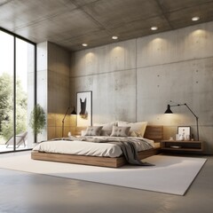  Loft minimalist style interior design of modern bedroom with concrete wall and ceiling