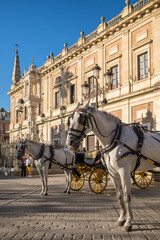 Naklejka na ściany i meble Horse carriage in Seville near ther Giralda cathedral, Andalusia, Spain