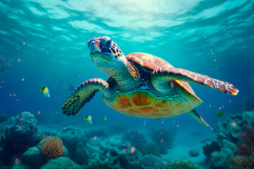 A turtle swims in the sea