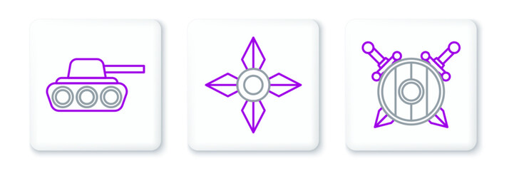 Set line Wooden shield with crossed swords, Military tank and Japanese ninja shuriken icon. Vector