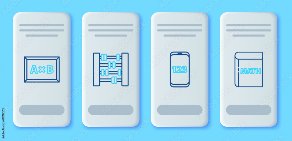 Aufkleber set line abacus, mobile calculator interface, chalkboard and book with word mathematics icon. vector