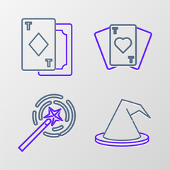 Set line Witch hat, Magic wand, Playing cards and icon. Vector