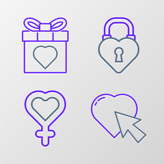 Set line Heart and cursor click, Female gender symbol, Castle in the shape of heart and Gift box icon. Vector