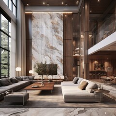 Marble and wooden paneling in room with high ceiling .Interior design of modern home