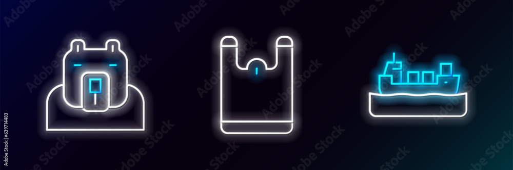 Poster set line oil tanker ship, polar bear head and plastic bag icon. glowing neon. vector