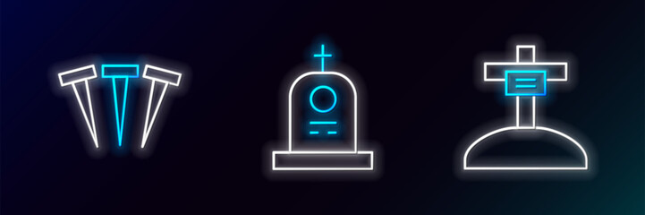 Set line Grave with cross, Metallic nails and tombstone icon. Glowing neon. Vector