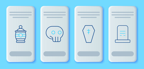 Set line Skull, Coffin with cross, Funeral urn and Grave tombstone icon. Vector