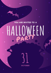 Set of 3 Halloween Party invitation, greeting card, or poster with calligraphy, witch, pumpkins, bats and witch cauldron pot in night clouds. Template for advertising, web, social media. collection