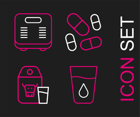 Set line Glass with water, Paper package for milk, Vitamin pill and Bathroom scales icon. Vector