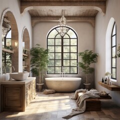 Mediterranean interior design of modern spacious bathroom with rustic elements and arched windows