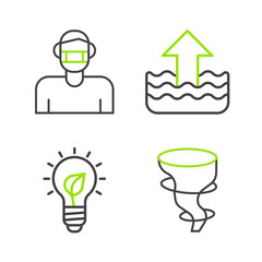 Set line Tornado, Light bulb with leaf, Rise in water level and Face protective mask icon. Vector