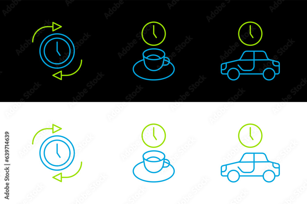 Poster set line time to travel, clock with arrow and coffee time icon. vector