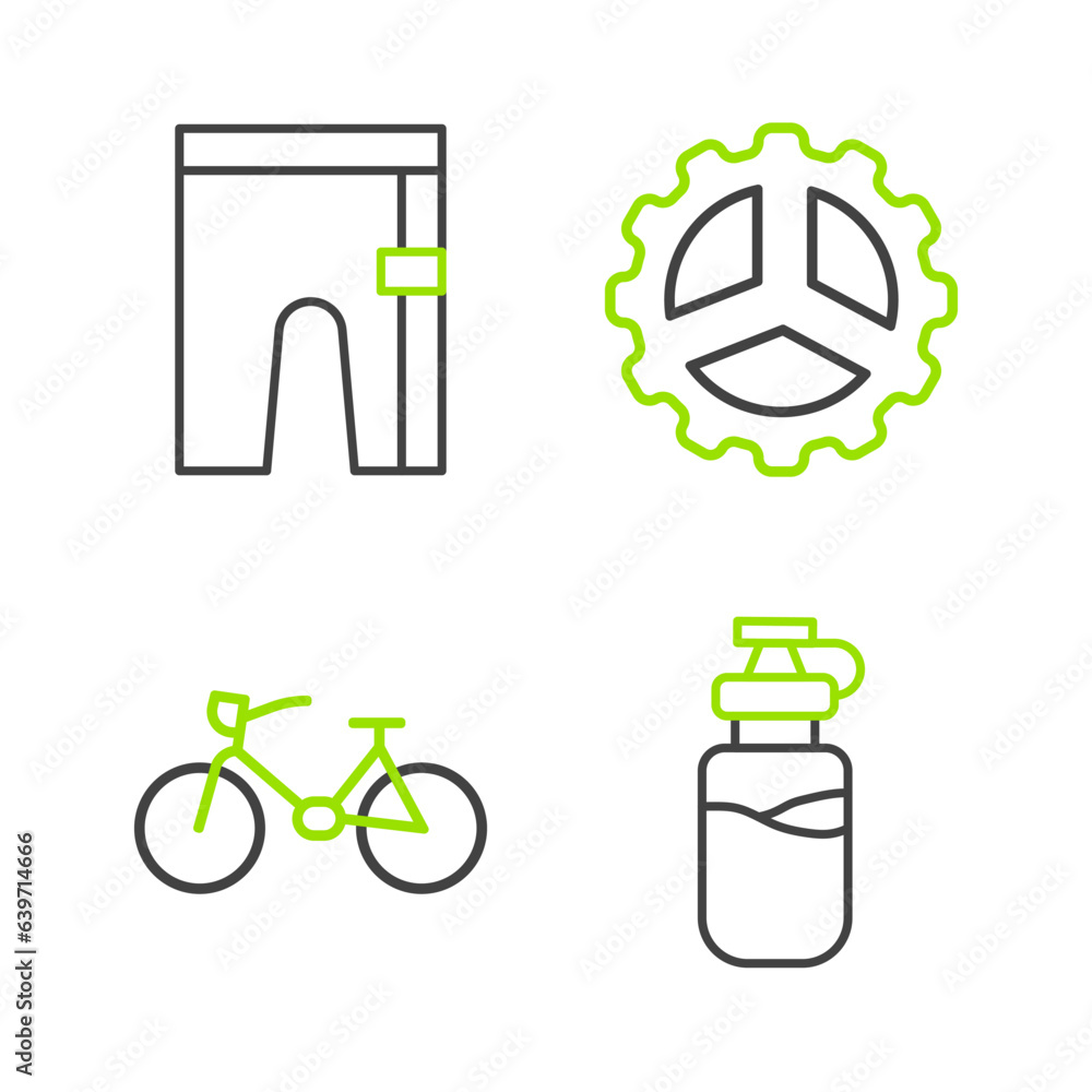 Poster set line sport bottle with water, bicycle, sprocket crank and cycling shorts icon. vector