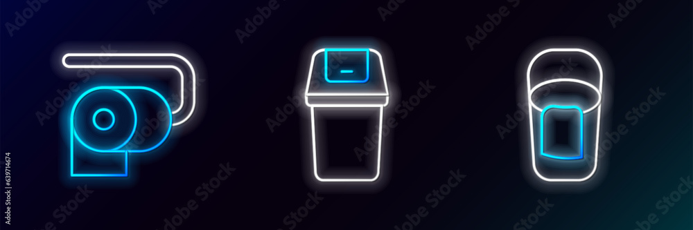 Poster set line bucket with rag, toilet paper roll and trash can icon. glowing neon. vector