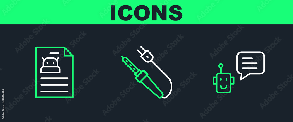 Poster set line bot, technical specification and soldering iron icon. vector