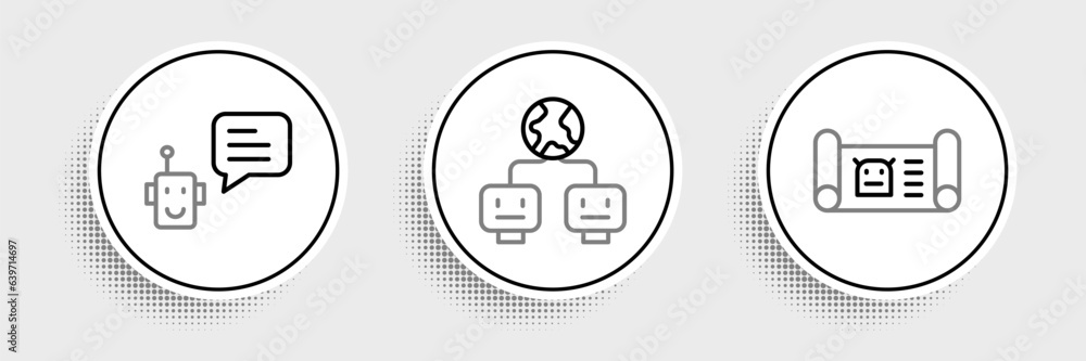 Aufkleber set line robot blueprint, bot and artificial intelligence icon. vector