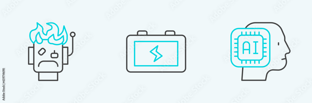 Poster set line humanoid robot, robot burned out and battery icon. vector