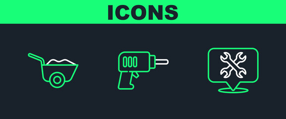 Set line Location with wrench, Wheelbarrow and Electric drill machine icon. Vector