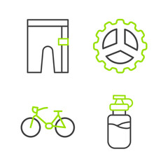 Set line Sport bottle with water, Bicycle, sprocket crank and Cycling shorts icon. Vector