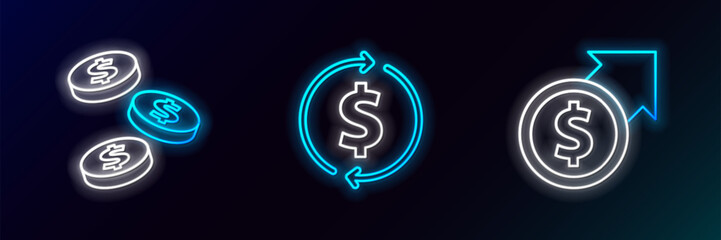 Set line Financial growth and dollar, Coin money with and icon. Glowing neon. Vector