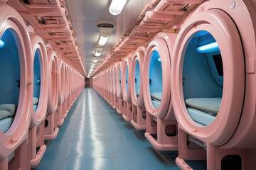 Modern capsule hotel in pink blue pastel colors palette. Futuristic style, 3d render illustration interior.  - obrazy, fototapety, plakaty