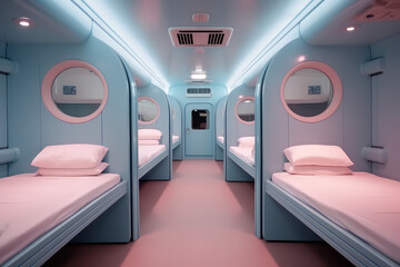 Fototapeta premium Modern capsule hotel in pink blue pastel colors palette. Futuristic style, 3d render illustration interior. 