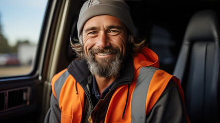 Portrait of smiling truck driver sitting in car in the driver's seat. Happy adult man, driver profession. 